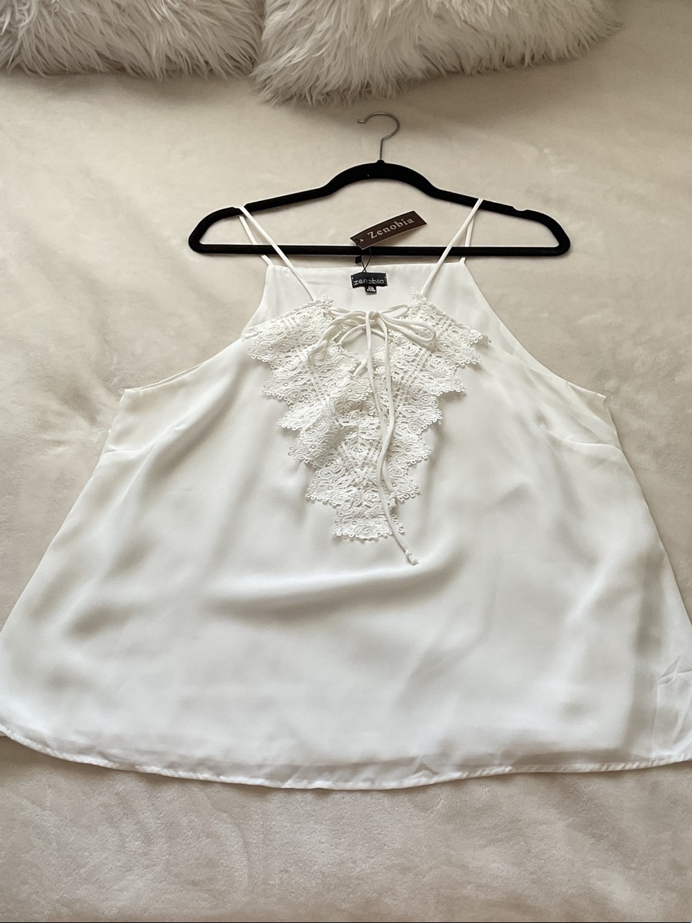 Zenobia White Lace-Front Spaghetti Strap Cami